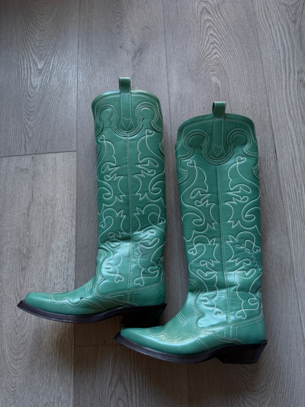 Ganni Green Knee High Embroidered Leather Cowboy Boots | Size EU 38